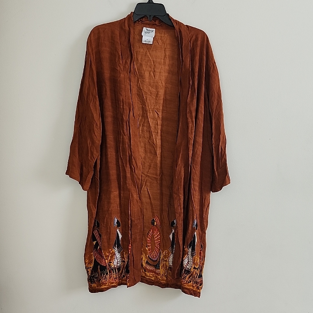 Midnight Velvet Rust Kimono Duster with Embroidered African Women Design XL